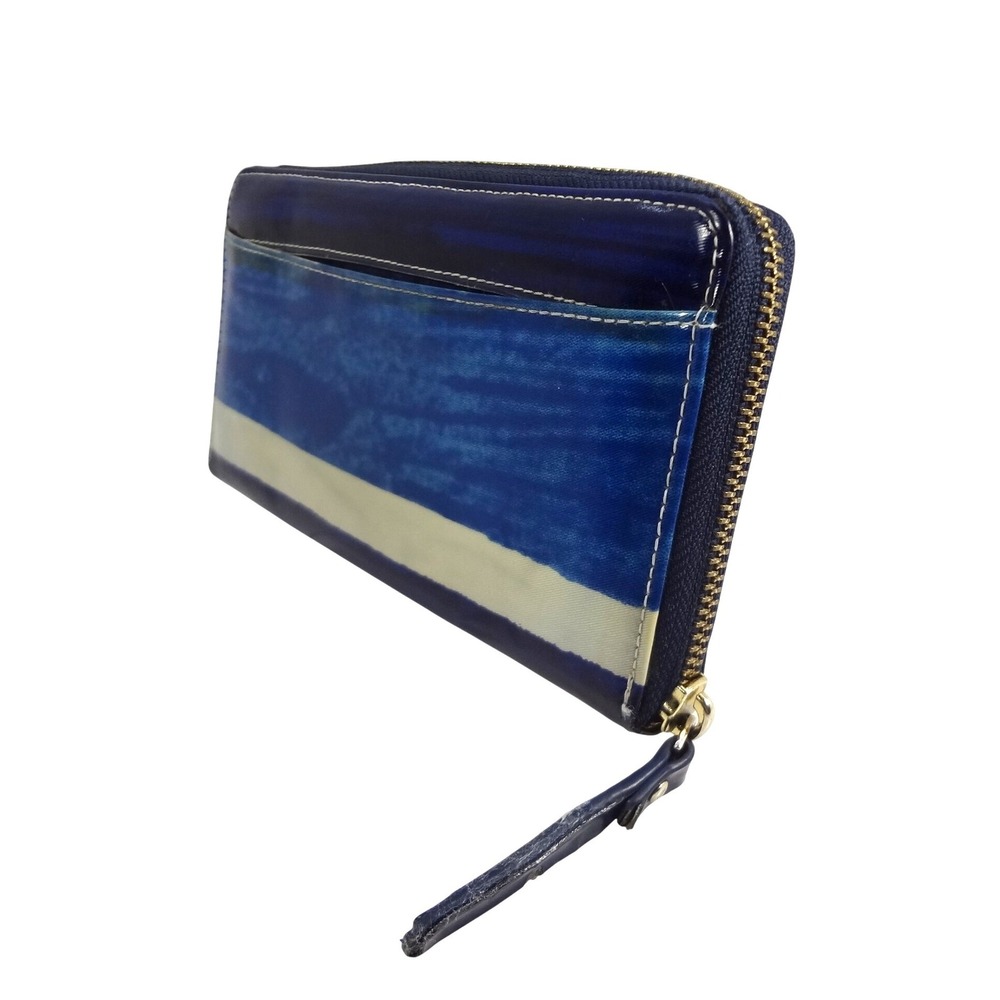 Kate Spade Blue Cream Striped Patent Leather Zip Around Continental Wallet - Picture 3 of 5
